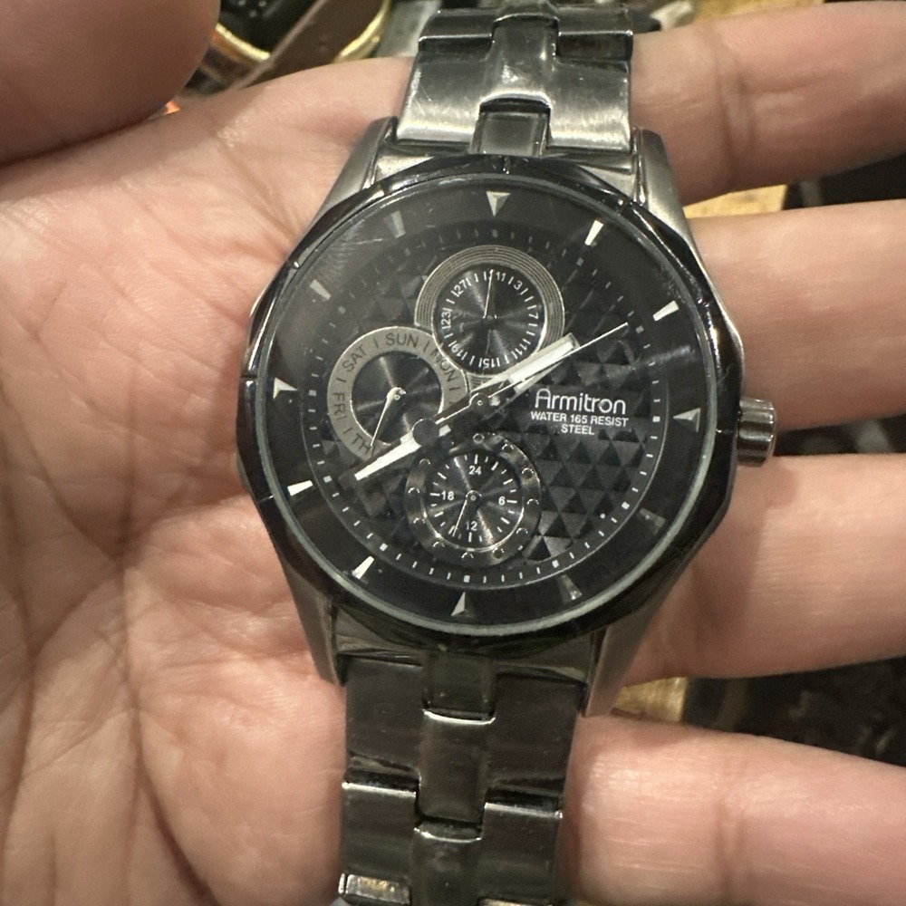 Working Armitron Men's Steel Watch Multifunction Dial Day/Date 42mm Fit 8in Runs